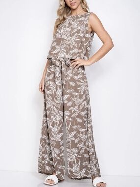 Sleeveless Taupe Floral Wide-Leg Set